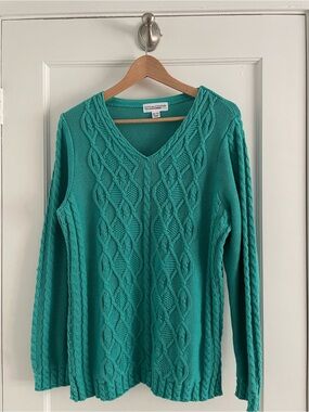 Cotton Country Teal Cable V-Neck Sweater